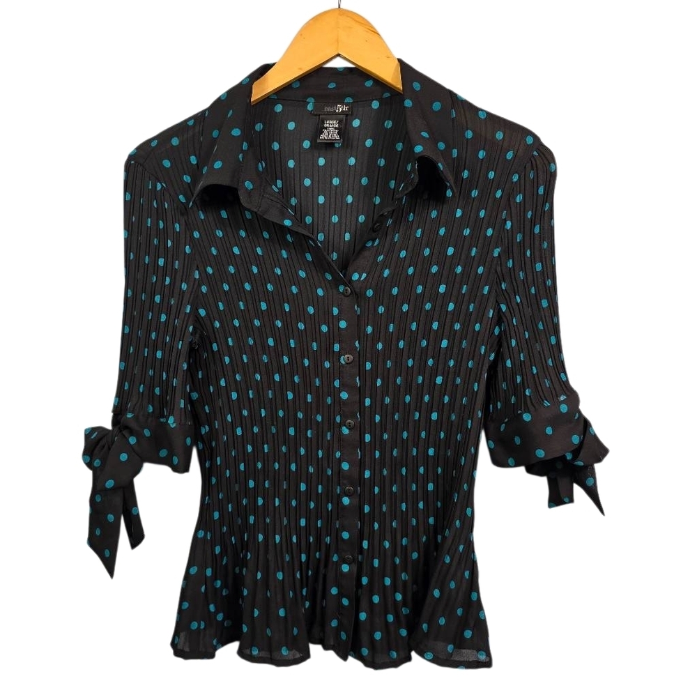 East 5th Black and Teal Polka Dot Blouse Size L